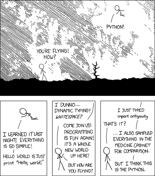 XKCD Python I wrote 20 short programs in Python yesterday. It was wonderful. Perl, I'm leaving you.